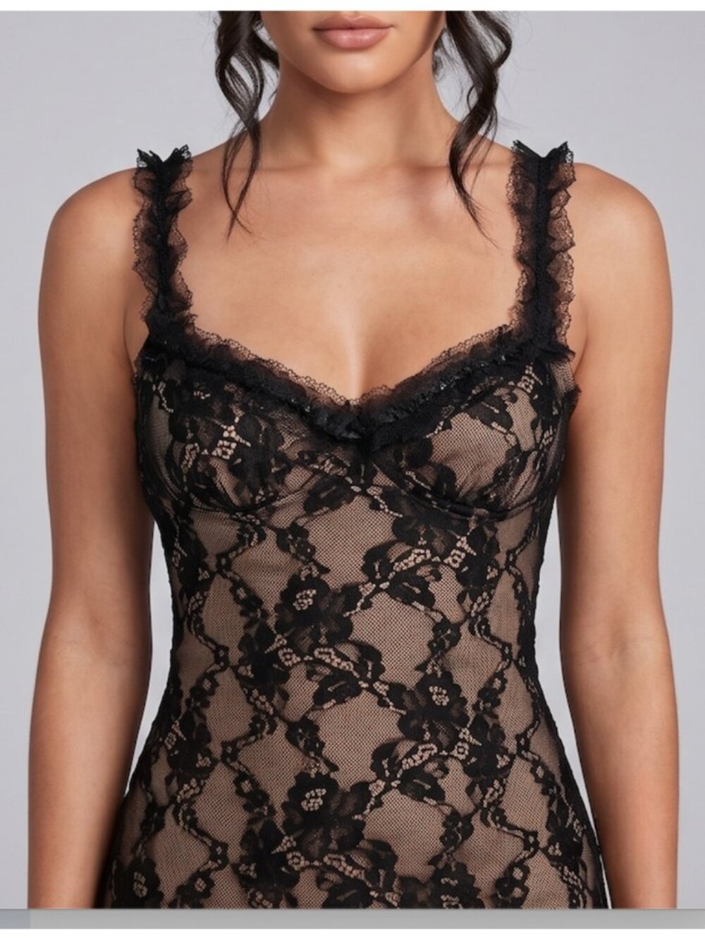 Lace Overlay Midi Dress with Ruffle Hem and Scalloped Trim Black - Picture 2 of 5